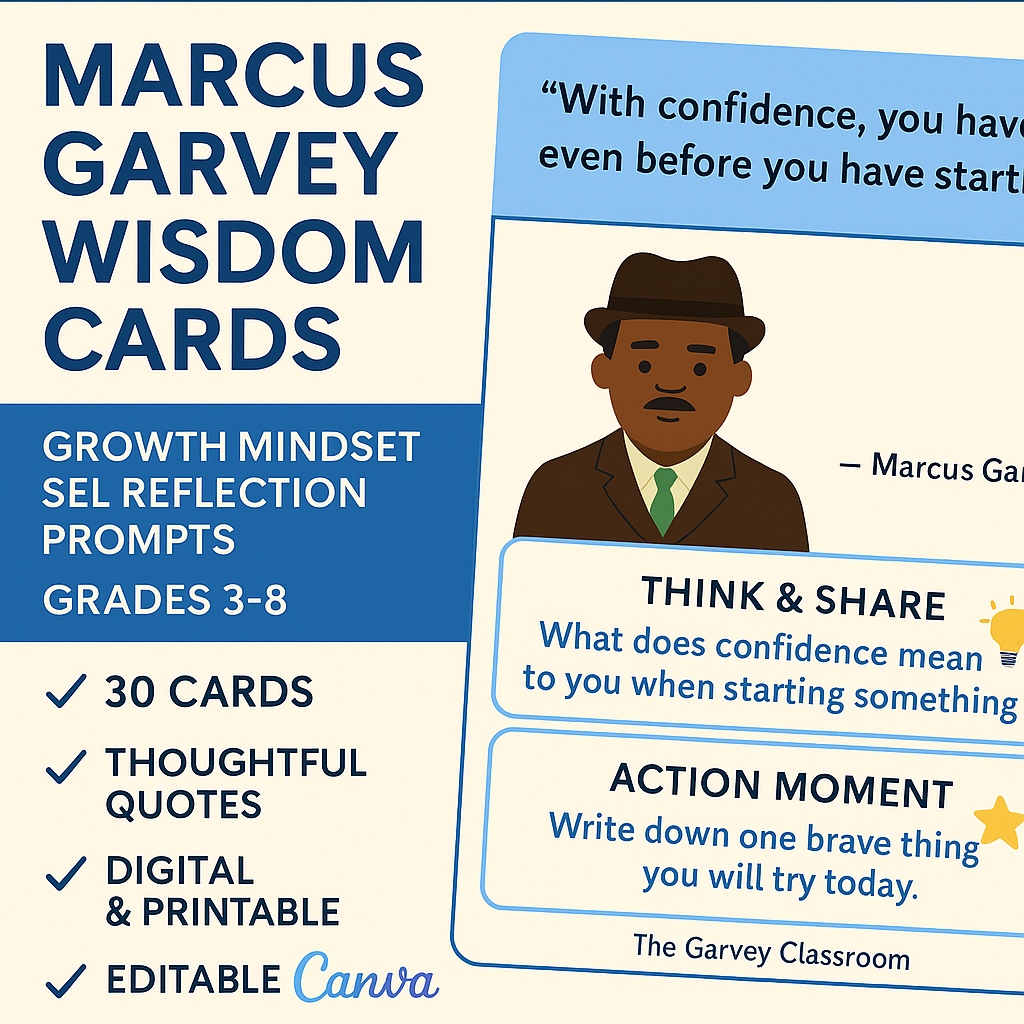 Marcus Garvey Wisdom Cards for Grades 3–8 with SEL and Growth Mindset Prompts