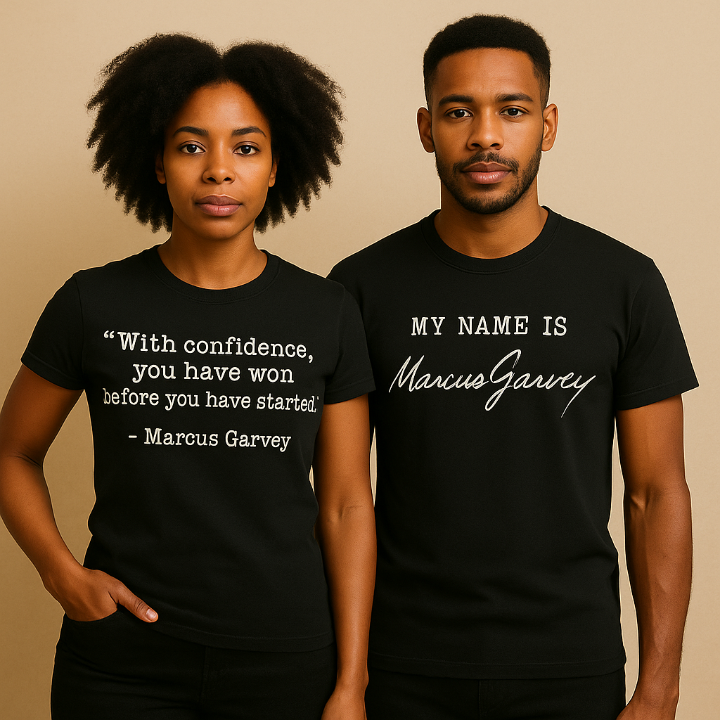 Black man and woman wearing Marcus Garvey quote t-shirts promoting confidence and identity