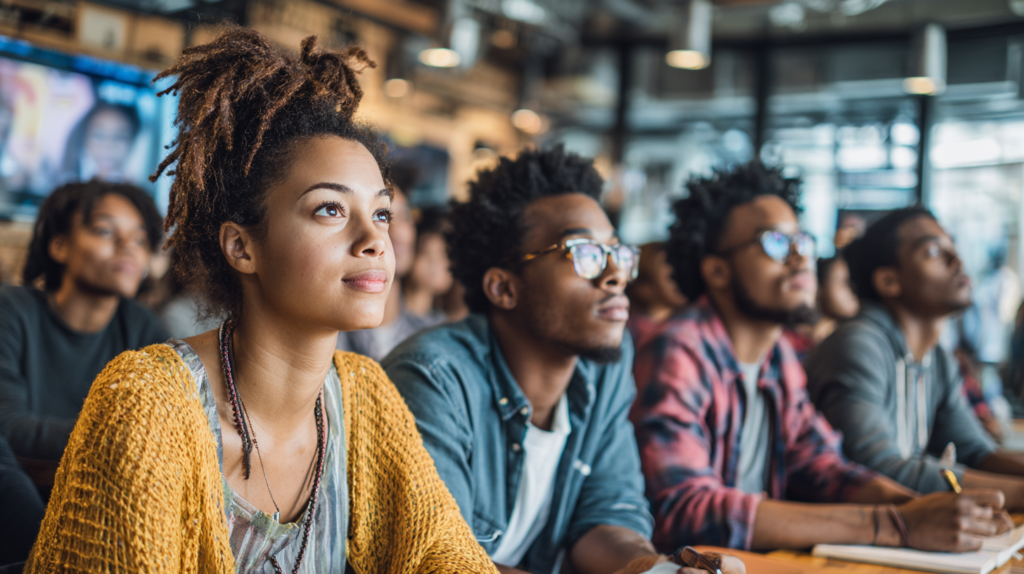 African American high school students in 2025 watching a video together in a classroom, focused and attentive.