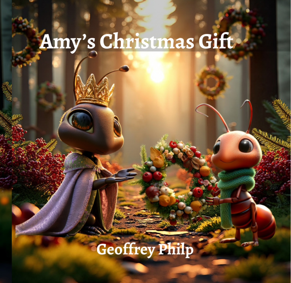 Cover of Amy’s Christmas Gift showing Empress Menen and Amy the ant standing in Freedom Grove with wreaths and warm morning light.