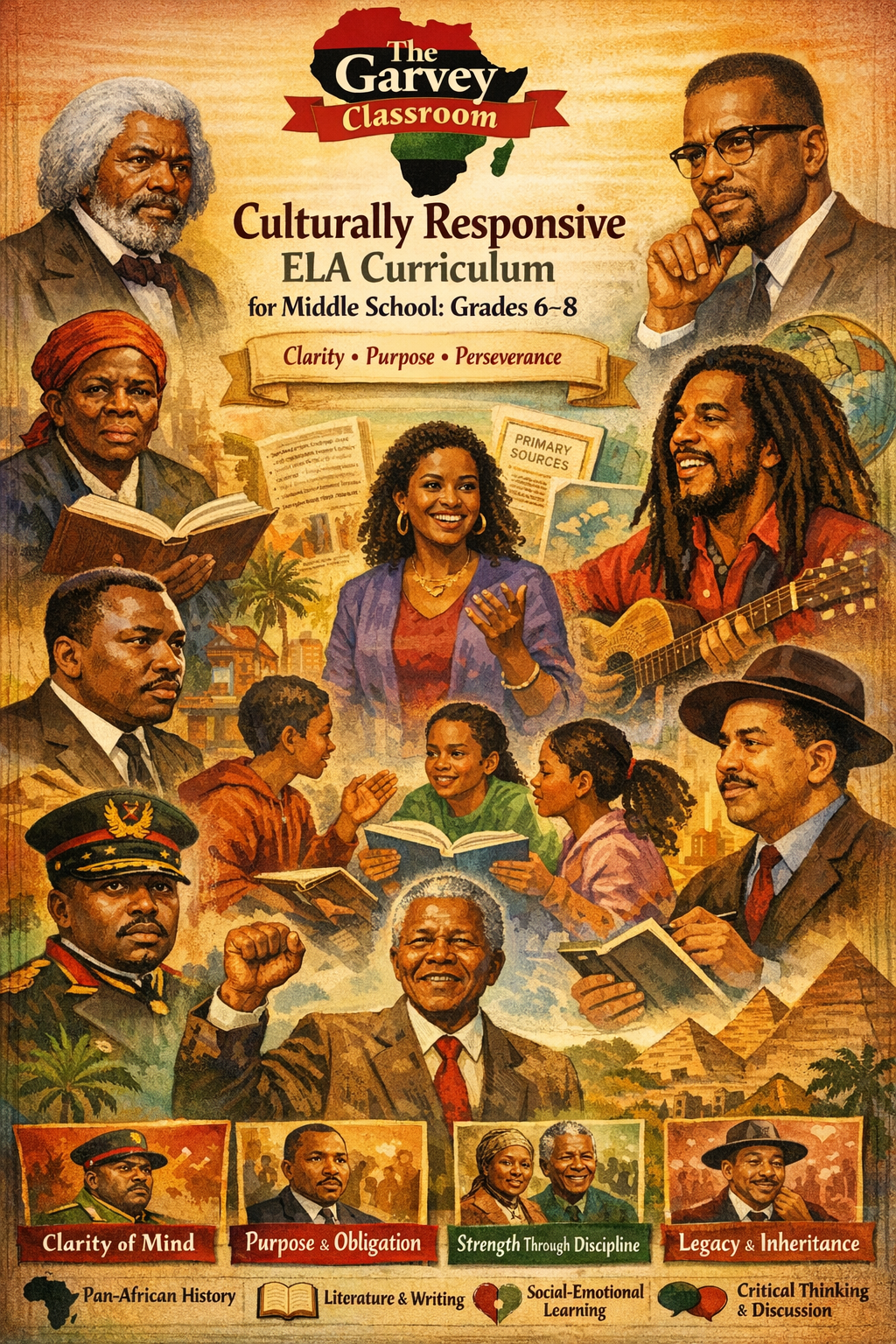 Students and historical Pan-African figures shown together in a classroom learning literacy, identity, and history through a culturally responsive middle school ELA curriculum.