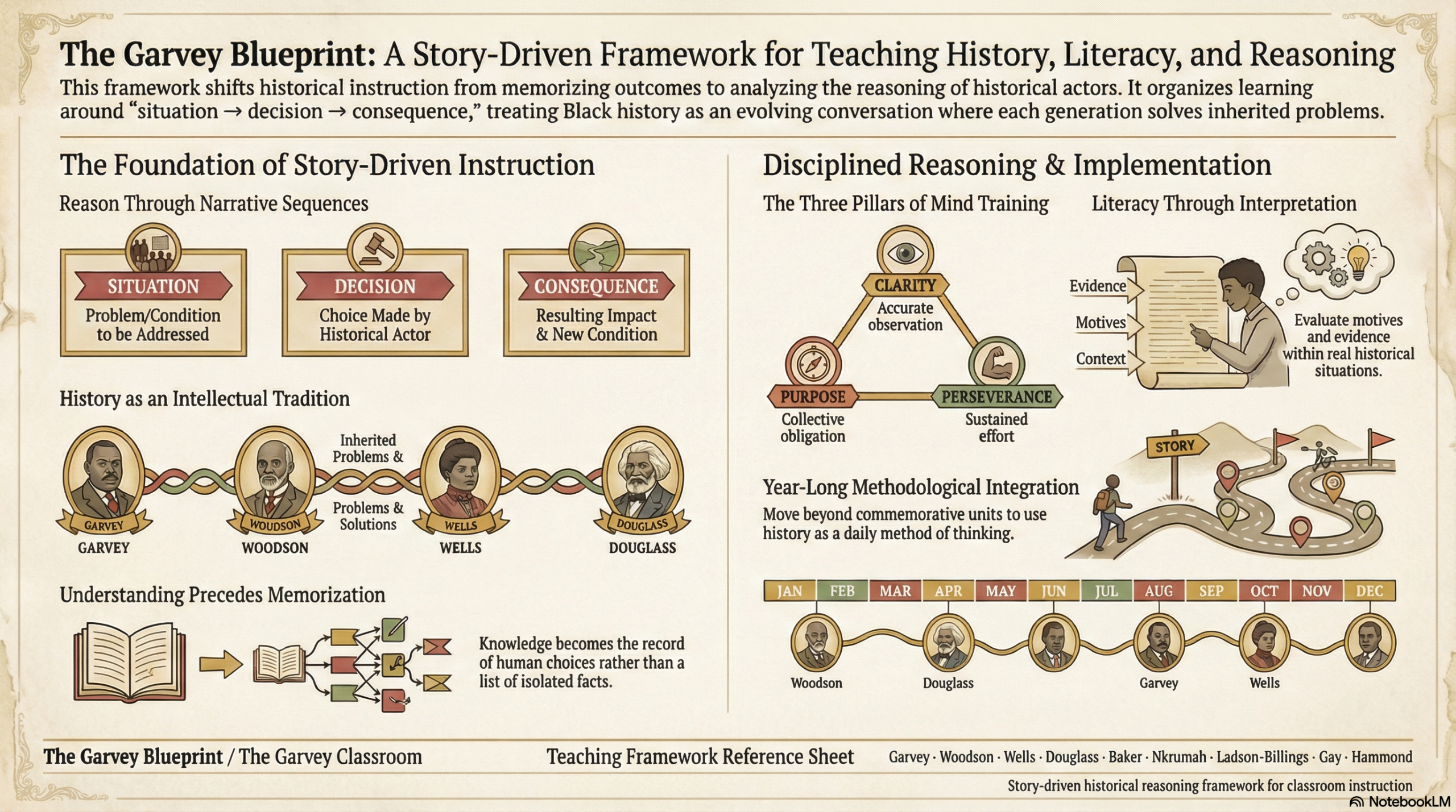 The Garvey Blueprint teaching framework showing story-driven instruction, Garveyism principles, historical literacy, and year-long Black history methodology
