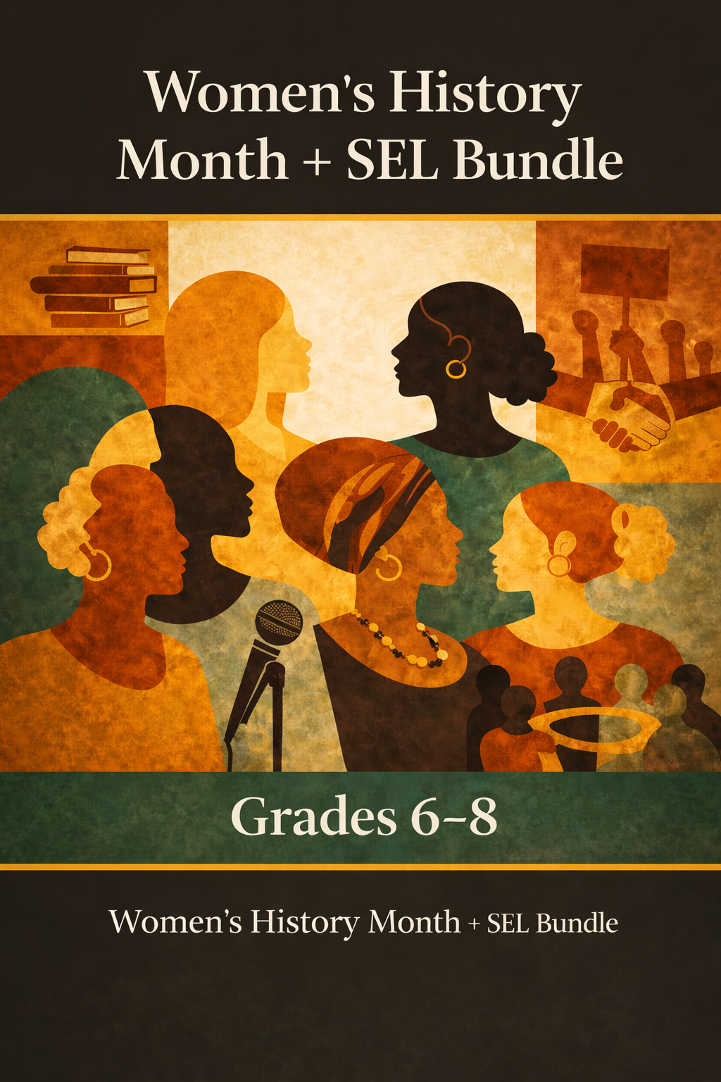 Women's History Month SEL Bundle cover featuring silhouettes of Black women leaders, Grades 6-8, from The Garvey Classroom