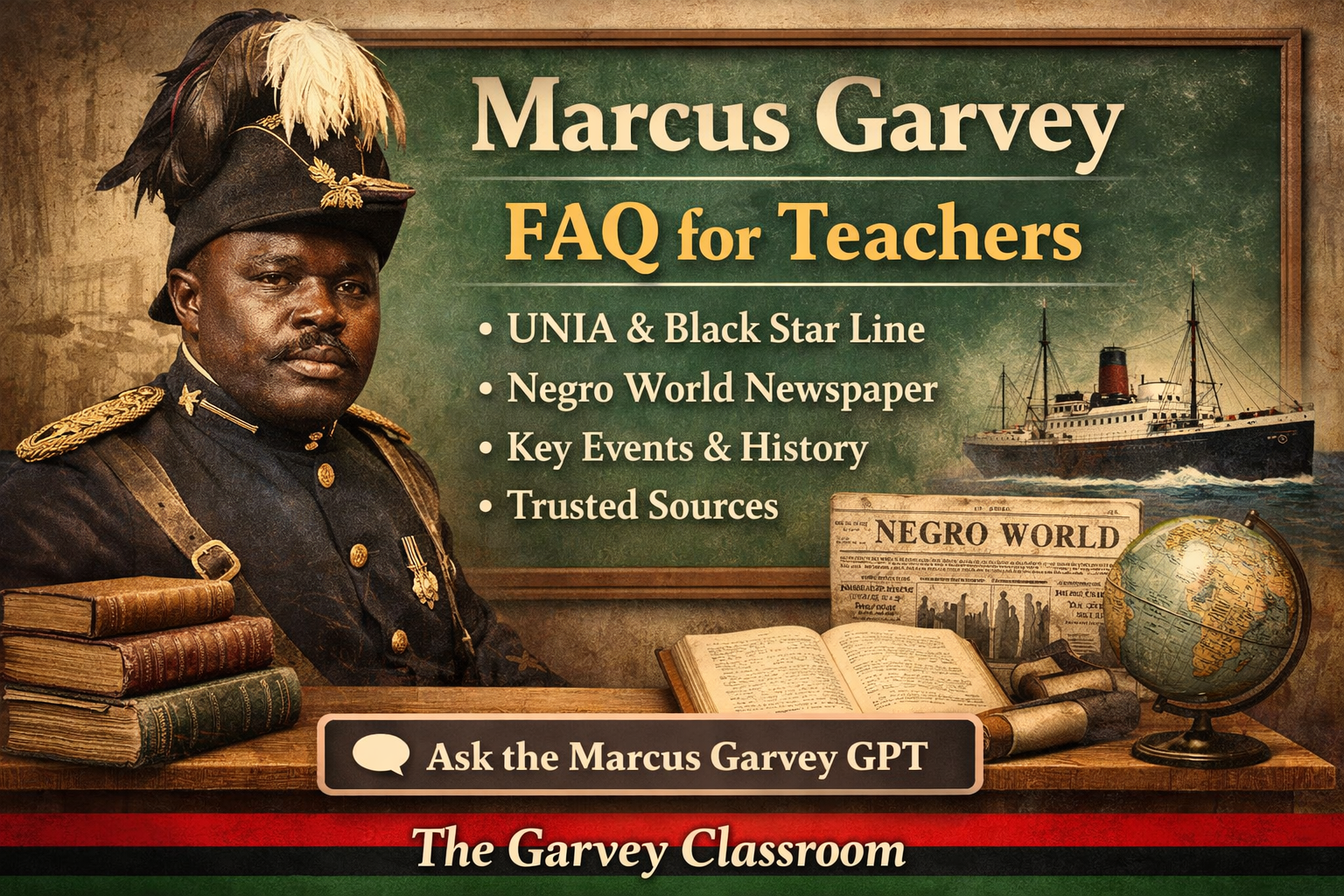 Marcus Garvey teaching FAQ classroom reference showing UNIA, Black Star Line and Negro World newspaper