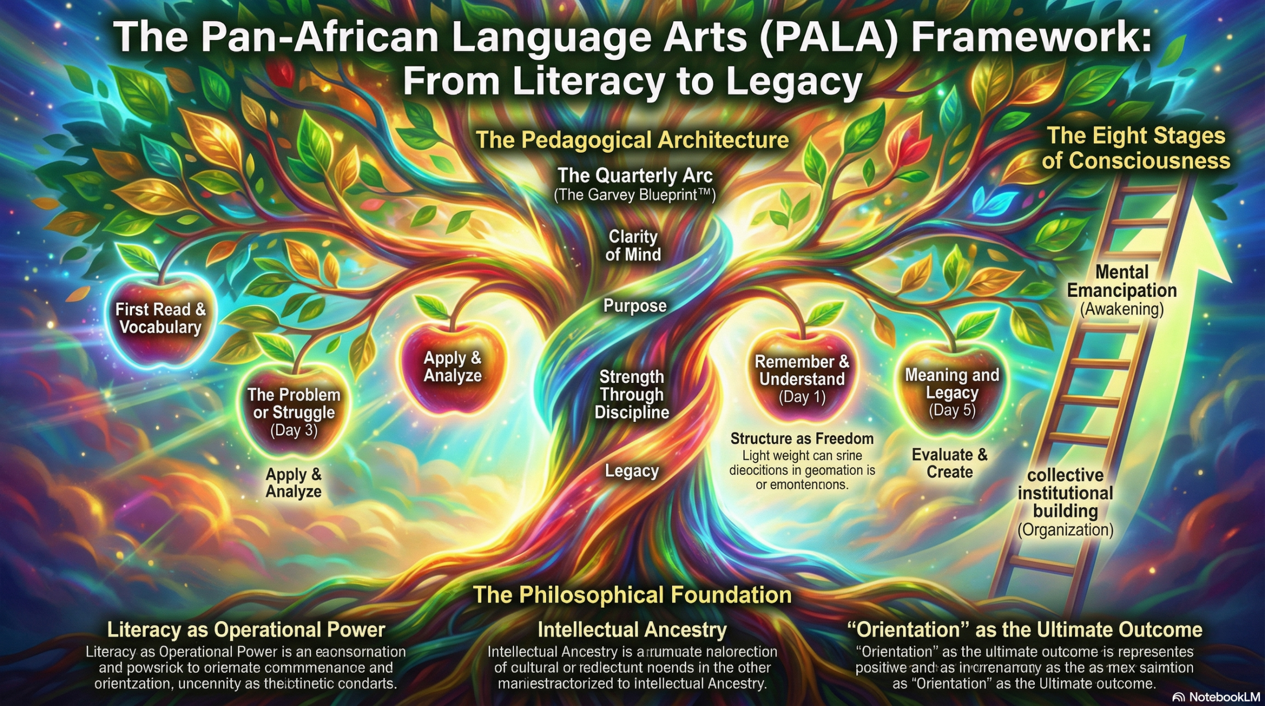 Infographic titled The Pan-African Language Arts PALA Framework From Literacy to Legacy. A glowing tree represents student development. Roots show the philosophical foundation literacy as operational power intellectual ancestry and orientation. The trunk shows core values clarity of mind purpose strength through discipline and legacy. Branch circles present eight stages of consciousness from first reading and analysis to meaning creation mental emancipation and collective institution building.